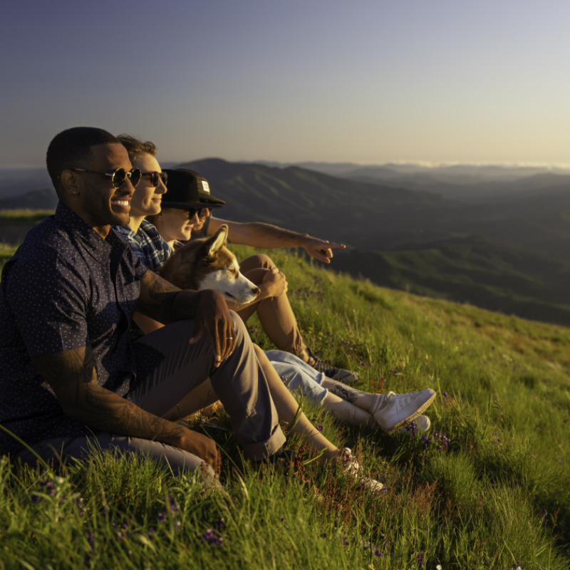 Marys Peak, Corvallis, Oregon - A small group of visitors and their dog enjoy a sunset on Marys Peak. By Granite & Light.