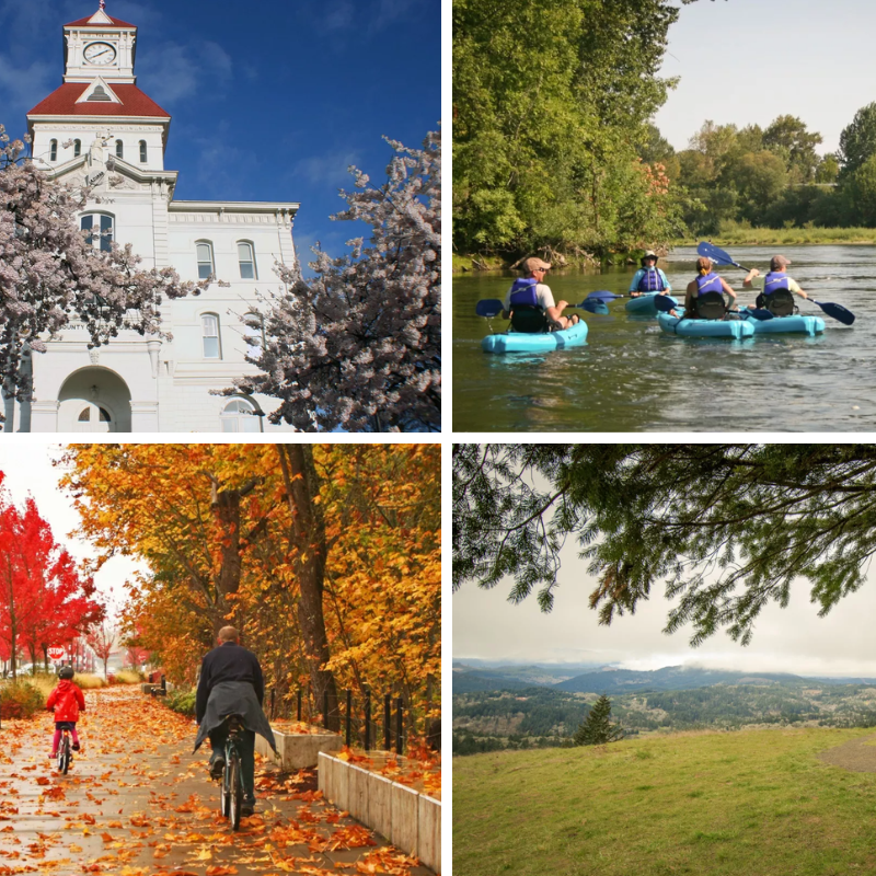 A collage of four photos showing the Benton County Courthouse in spring, people kayaking on the Willamette River in summer, a father and sun biking in the Riverfront Commemorative Park in autumn, and 