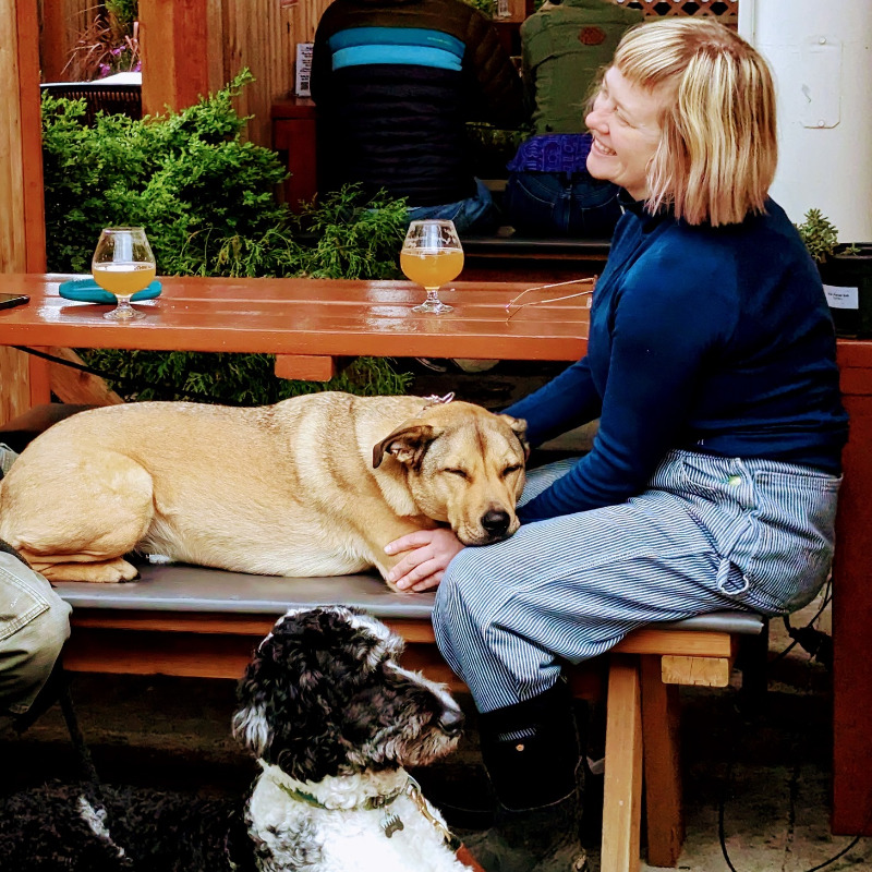 Common Fields, Corvallis, Oregon - Two dogs sit with their people at an outdoor bench. Photo courtesy Common Fields.