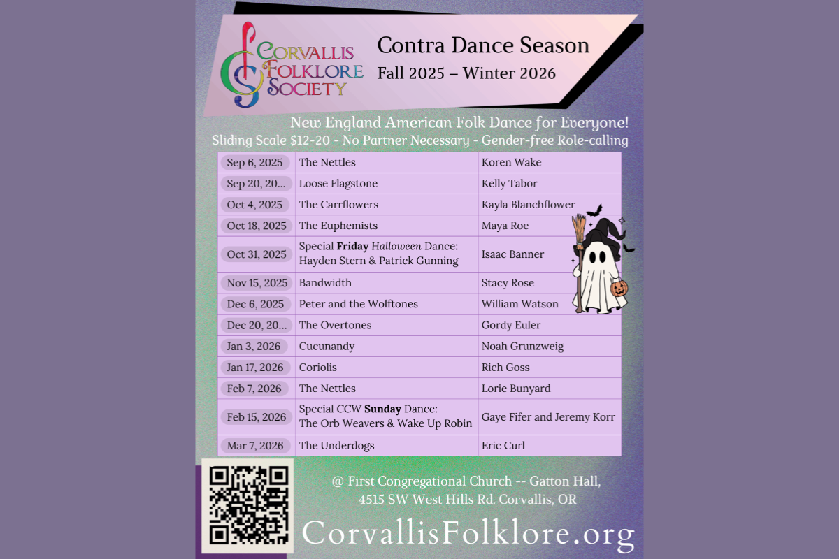 The Corvallis Folklore Society hosts a Contra Dance every first and third Saturday of the month, September through March.